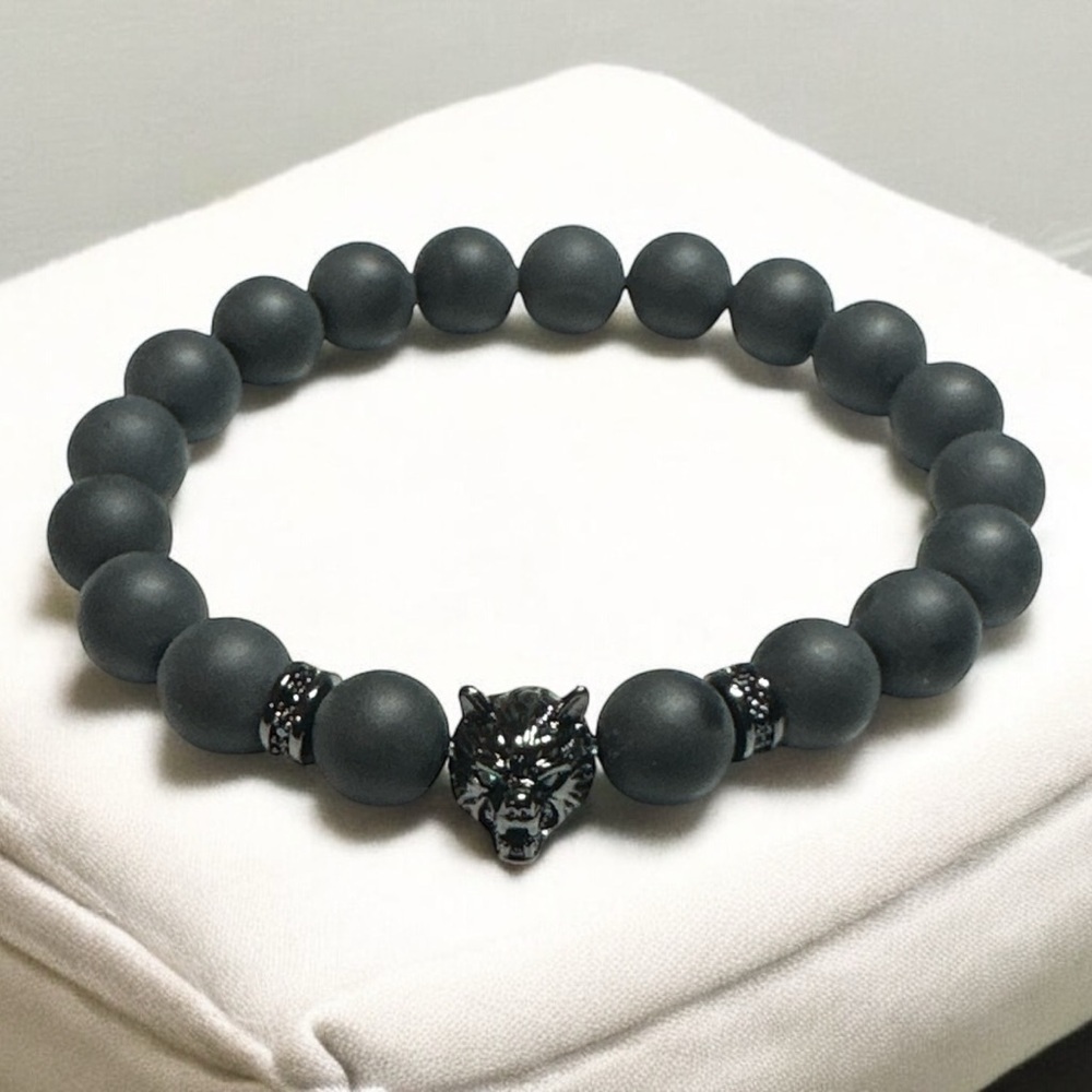Black Onyx Stretch Bracelet with Werewolf Head Charm
